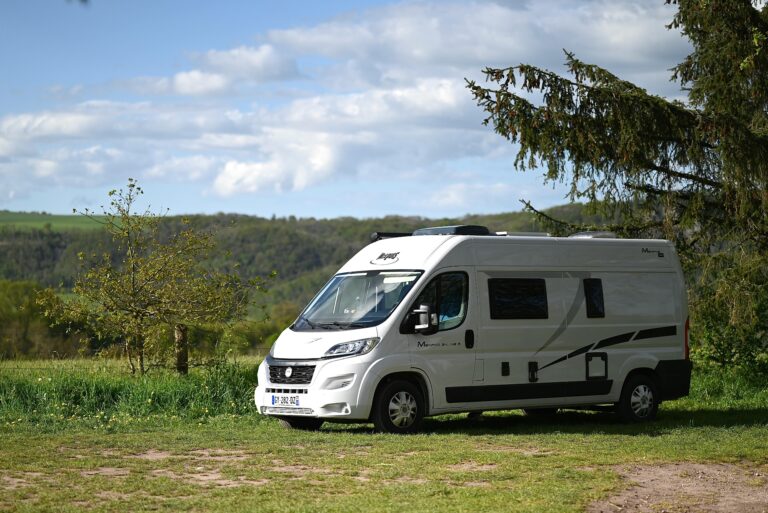 A white camper van sits on a grassy field surrounded by trees under a blue sky.